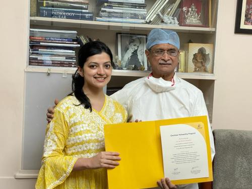 Dr Sai Belsare from Pune receiving her cochlear implant fellowship completion certificate from Dr Kirtane (September 2021)